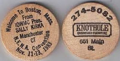 NENA Convention 1983 Wooden Nickel for IOWMC President Sally Kirka